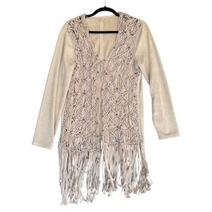 Reba Cardigan Womens Medium Beige Edgy Fringe Western‎ Coastal Cowgirl MSRP $138